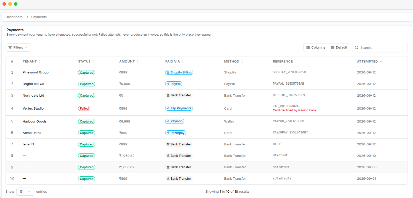 The Payments list, showing captured and failed attempts with their reference and method