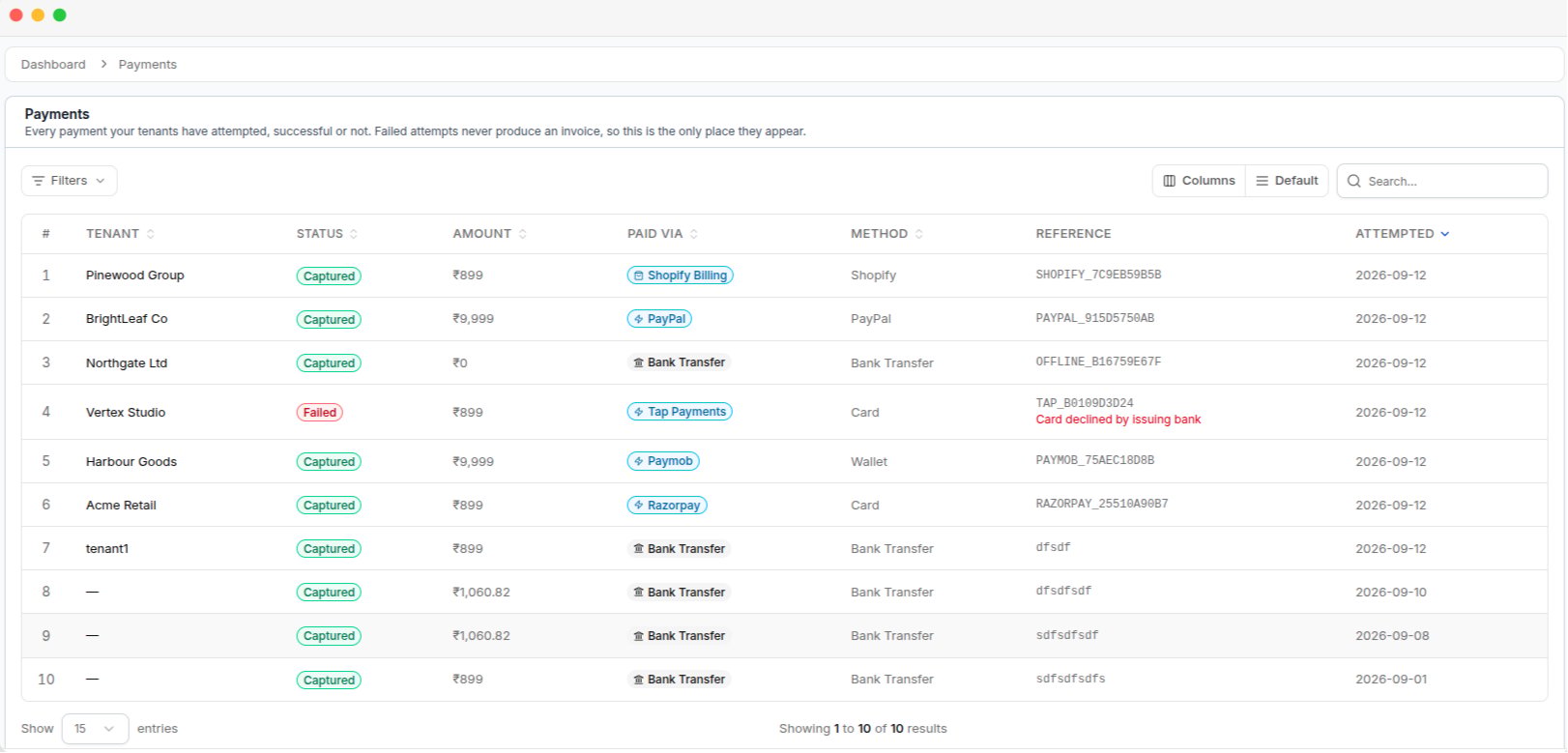 The Payments list, showing captured and failed attempts with their reference and method