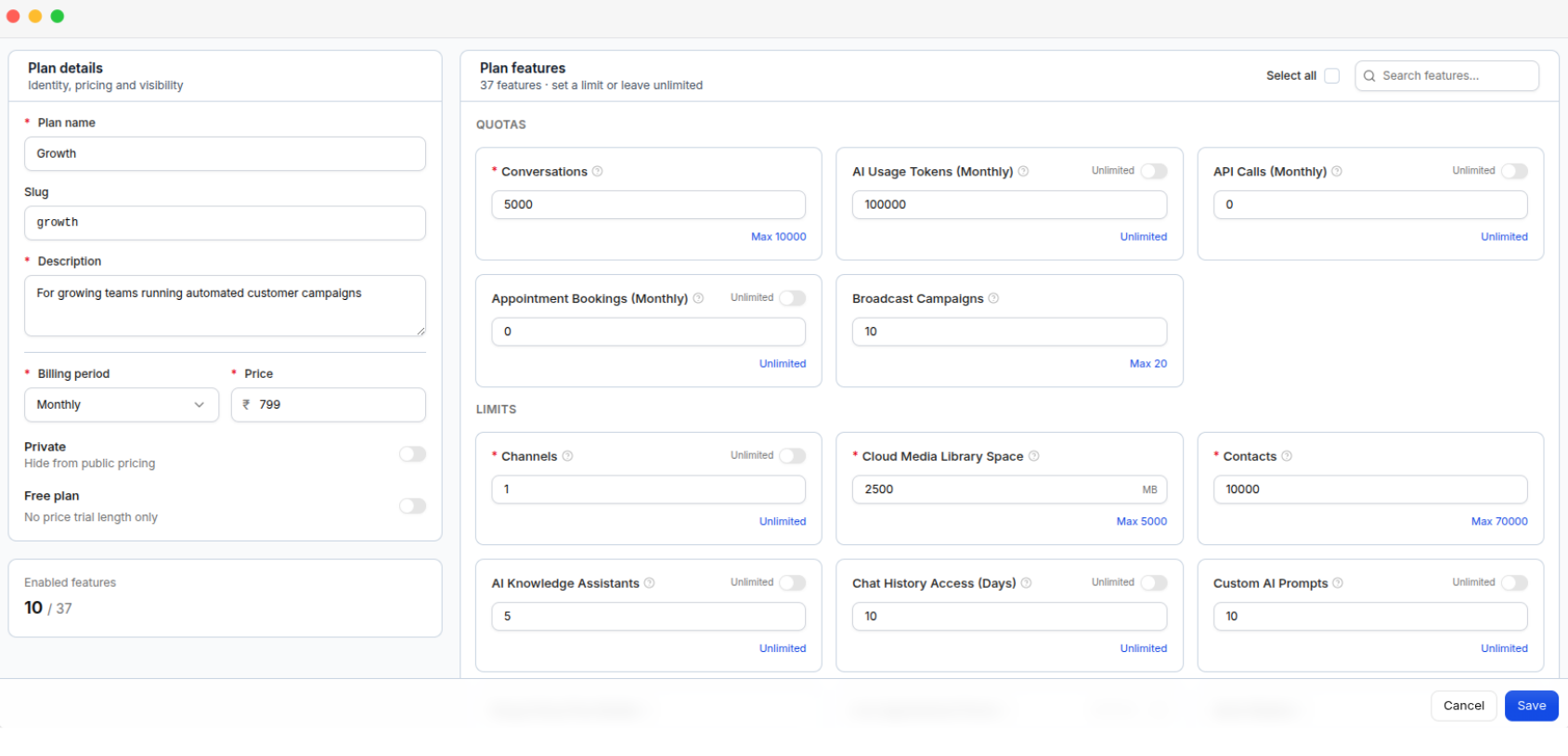 The Add Plan form: plan details and pricing on the left, plan features with their limits on the right