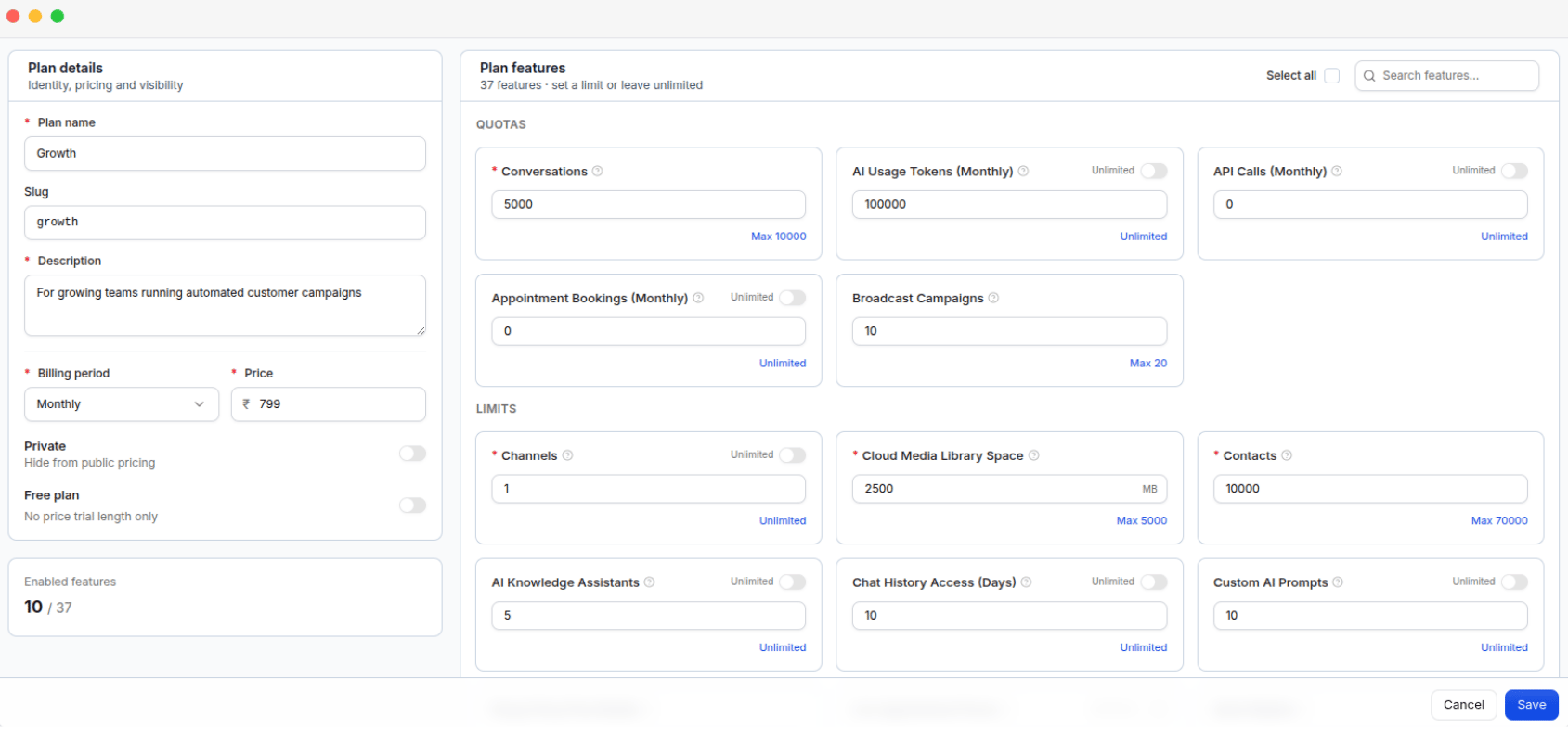 The Add Plan form: plan details and pricing on the left, plan features with their limits on the right