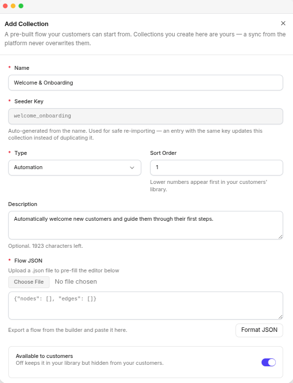 The Add Collection panel, with the seeder key, type, flow JSON and availability switch