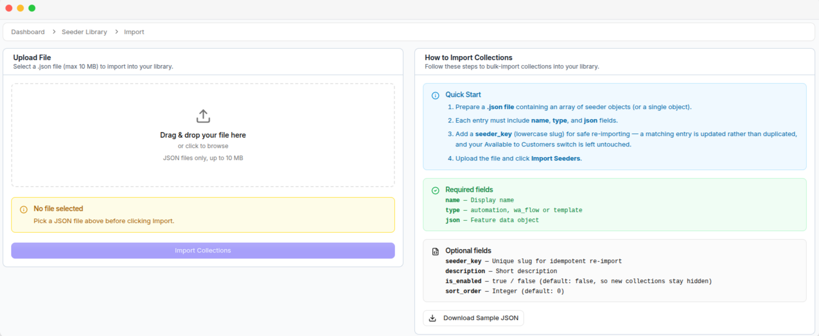 The Import page, with the upload area and the required and optional fields