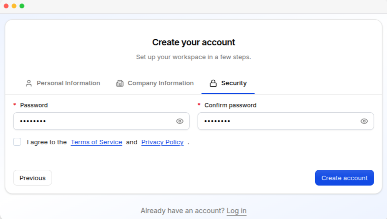 The tenant sign-up page, with Terms of Service and Privacy Policy shown as links beside the agreement checkbox