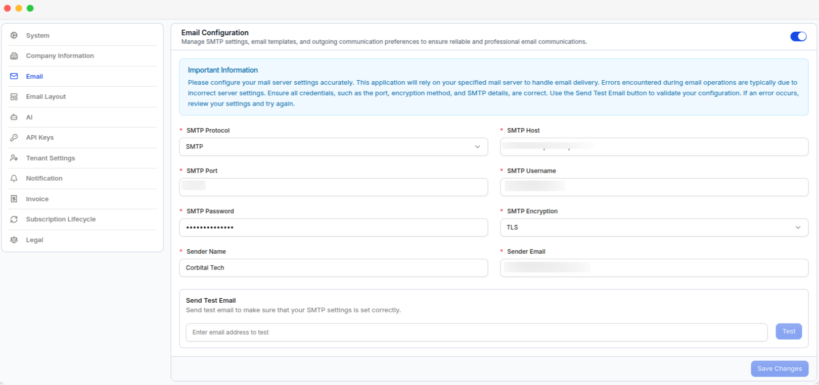 The Email Configuration page, with the SMTP connection fields, sender identity, and the Send Test Email box