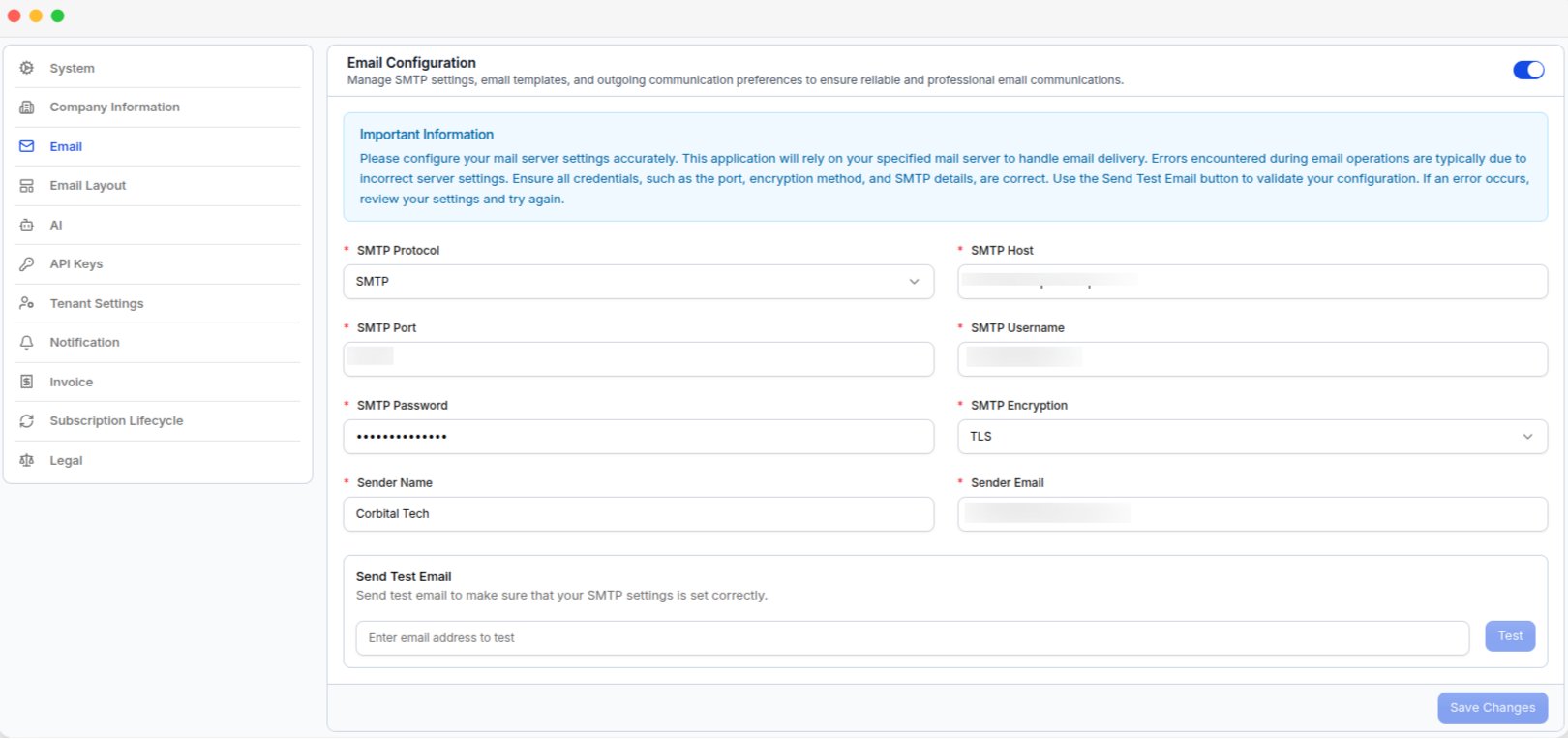 The Email Configuration page, with the SMTP connection fields, sender identity, and the Send Test Email box