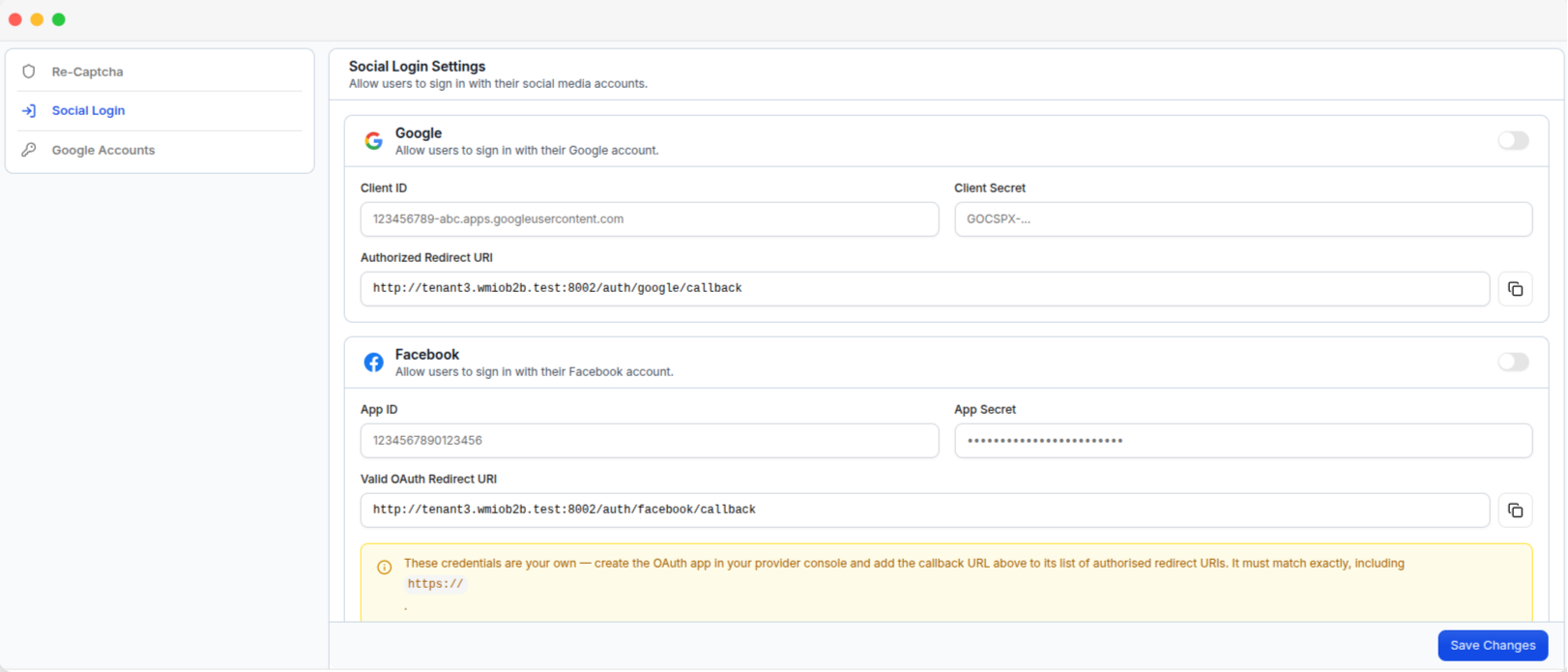 The Social Login Settings page, with the Google and Facebook credential and redirect URI fields