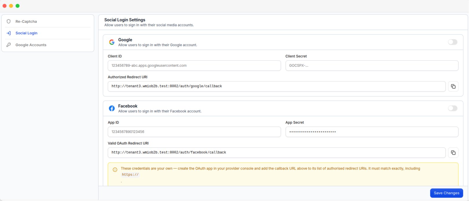 The Social Login Settings page, with the Google and Facebook credential and redirect URI fields