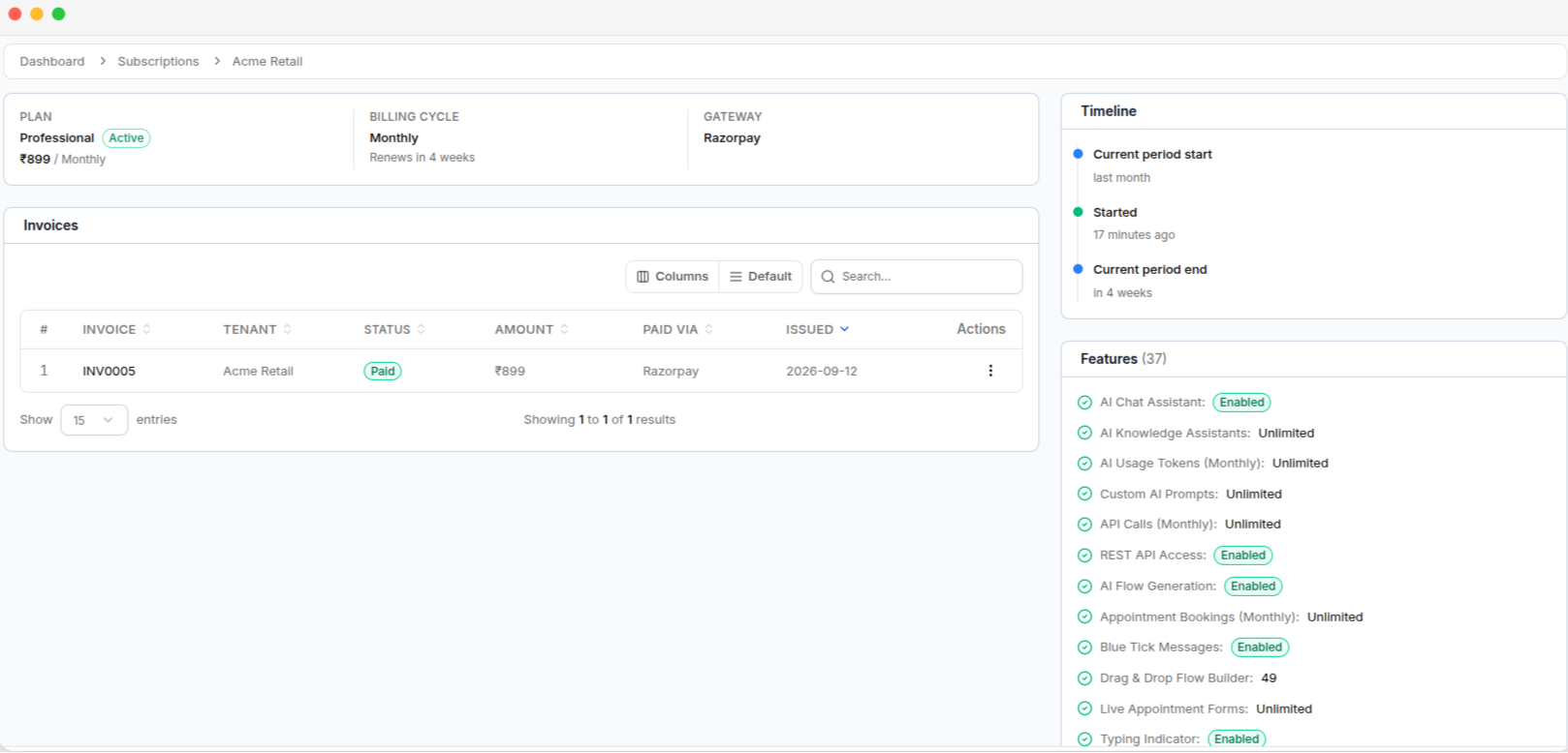 A tenant's subscription detail page, with the plan summary, invoices, timeline, and feature list