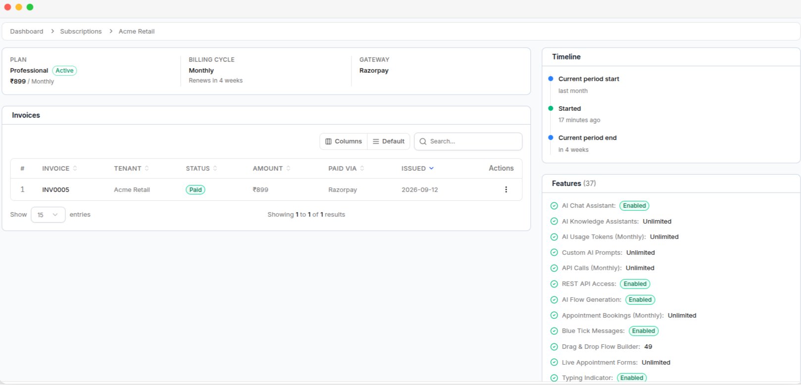 A tenant's subscription detail page, with the plan summary, invoices, timeline, and feature list