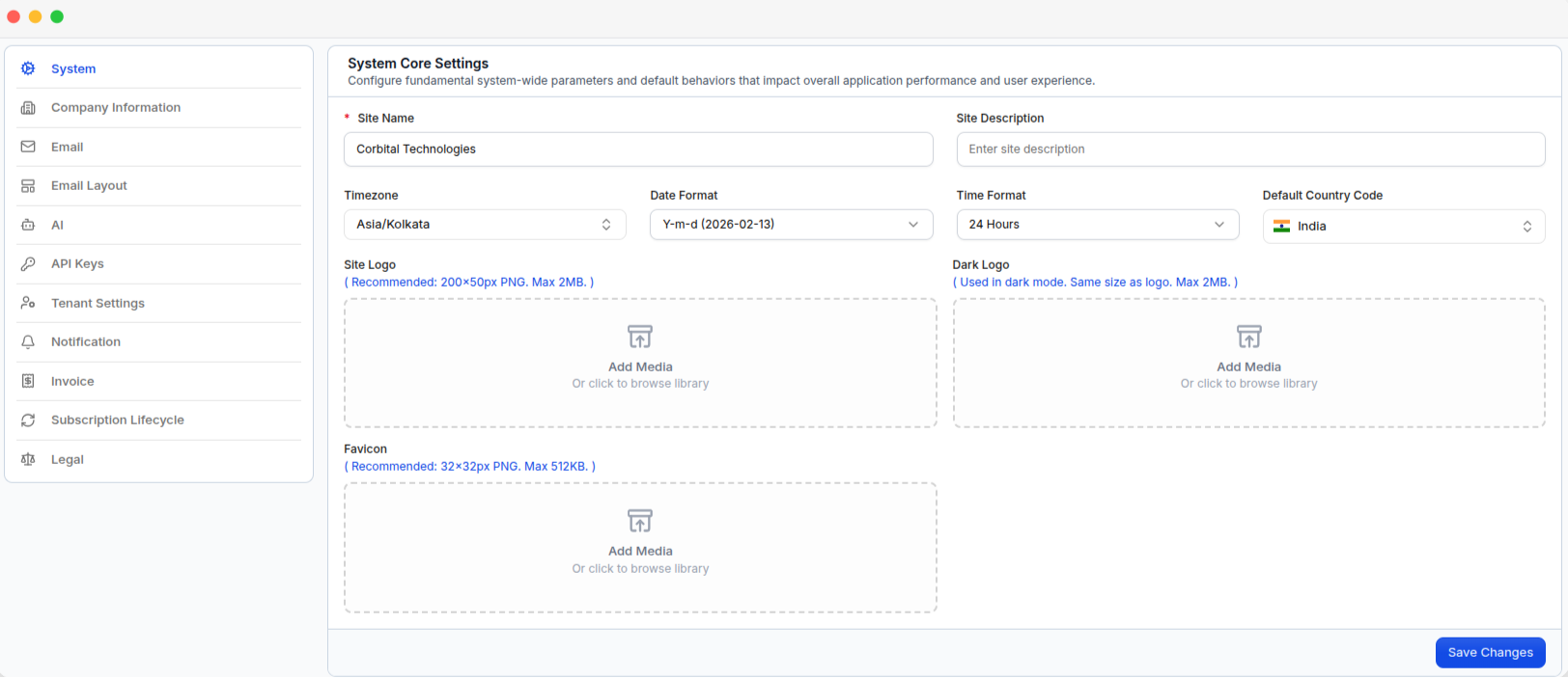 The System Core Settings page, with the site name, locale defaults, and the logo and favicon upload fields