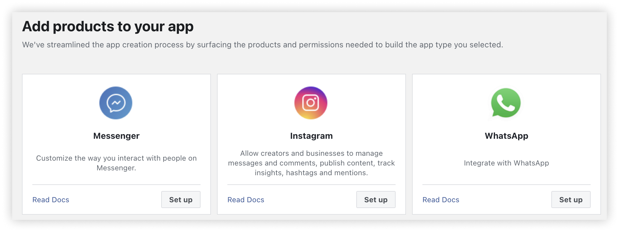 The Add products to your app screen, with the WhatsApp Set up button