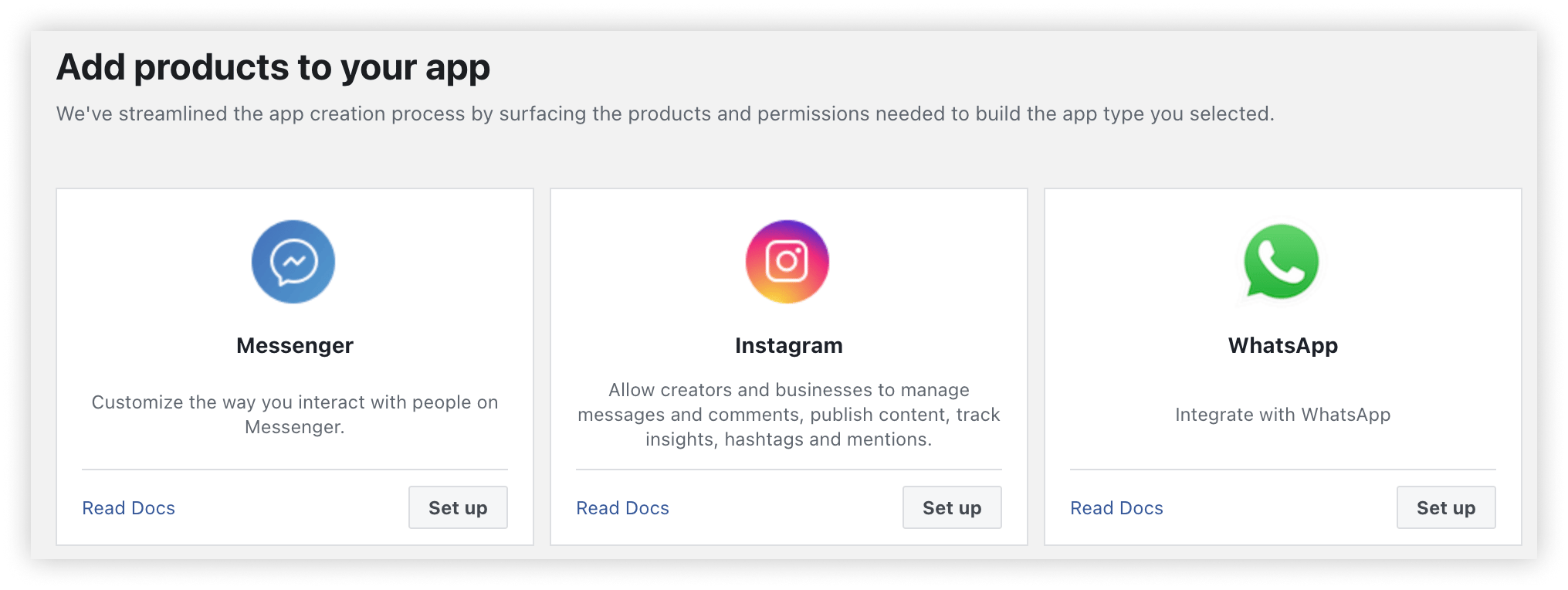 The Add products to your app screen, with the WhatsApp Set up button