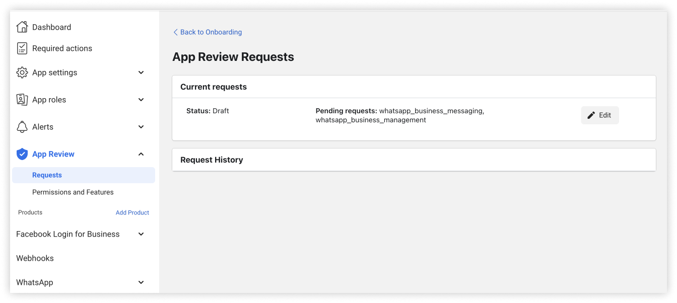 The App Review Requests page, with a draft request for the two WhatsApp permissions