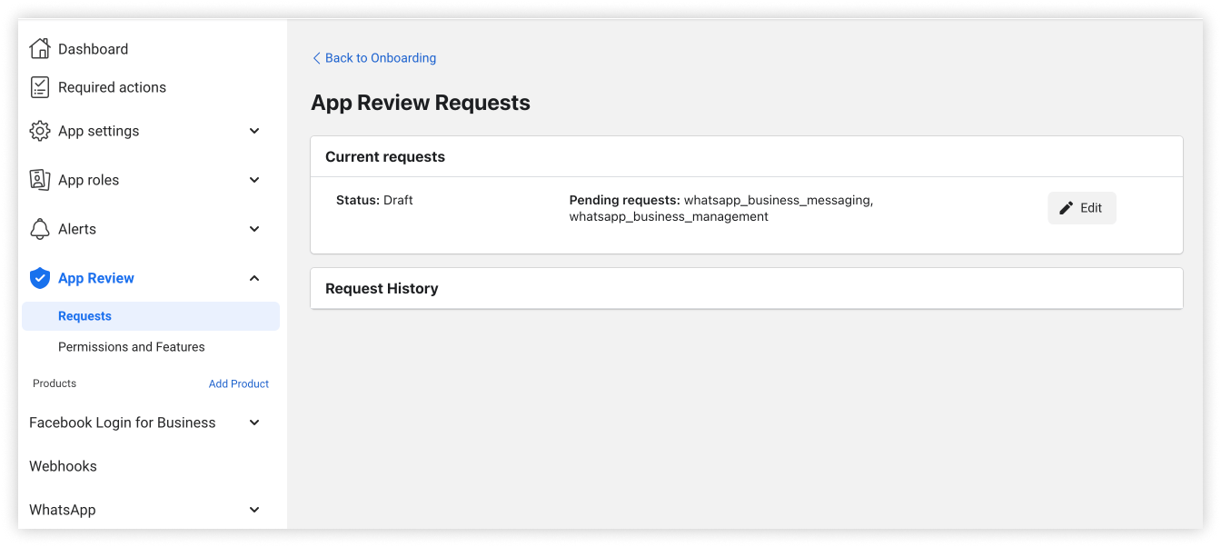 The App Review Requests page, with a draft request for the two WhatsApp permissions