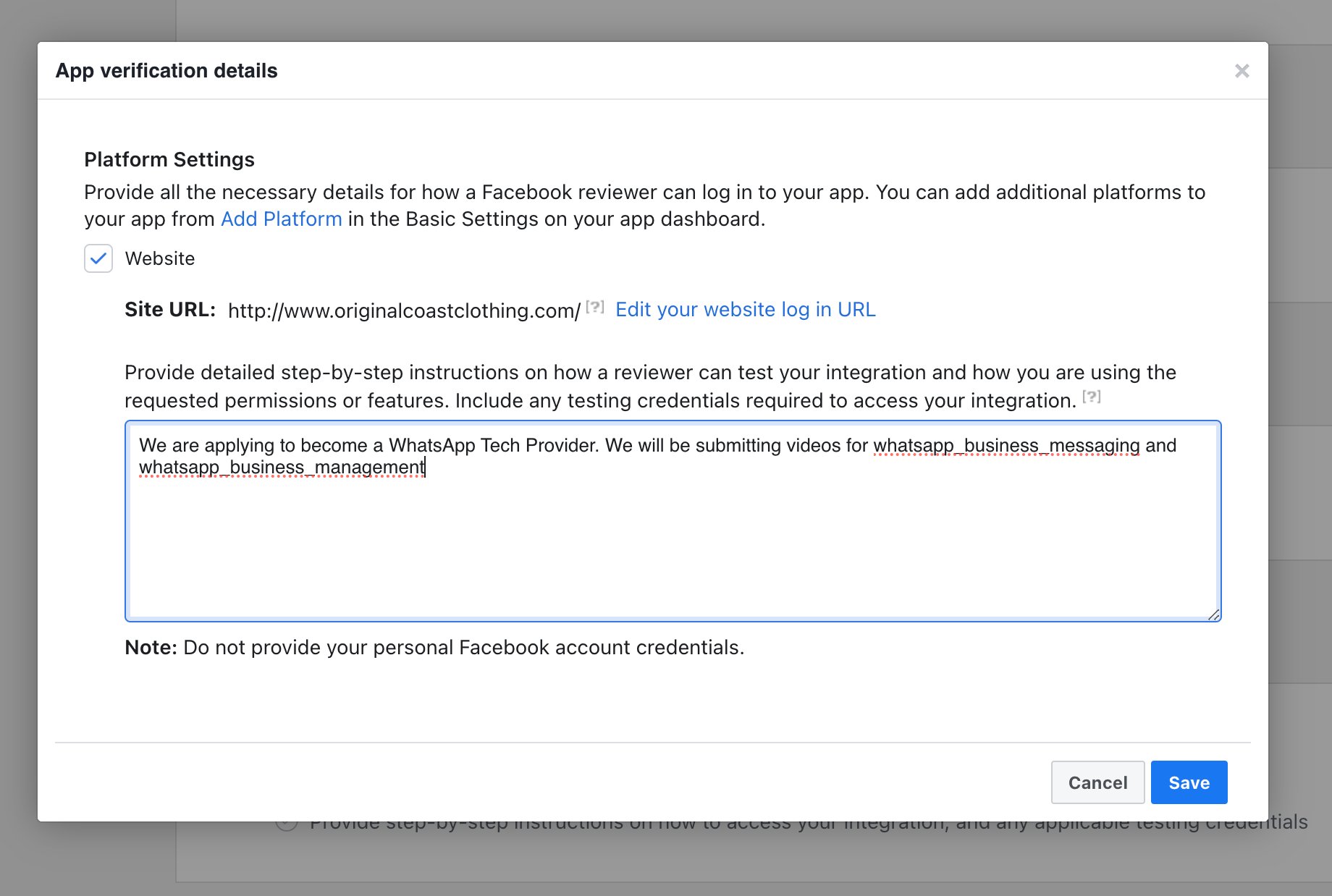 The App verification details dialog, with the Website platform and the reviewer instructions field