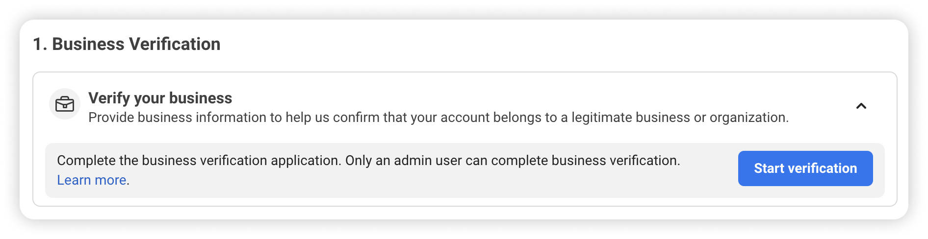 The Business Verification section, with the Start verification button