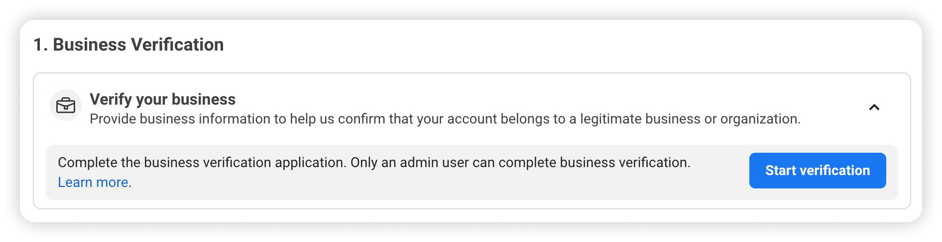 The Business Verification section, with the Start verification button