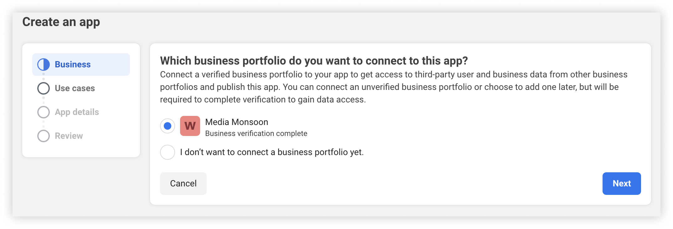 The Create an app dialog, asking which business portfolio to connect to the app