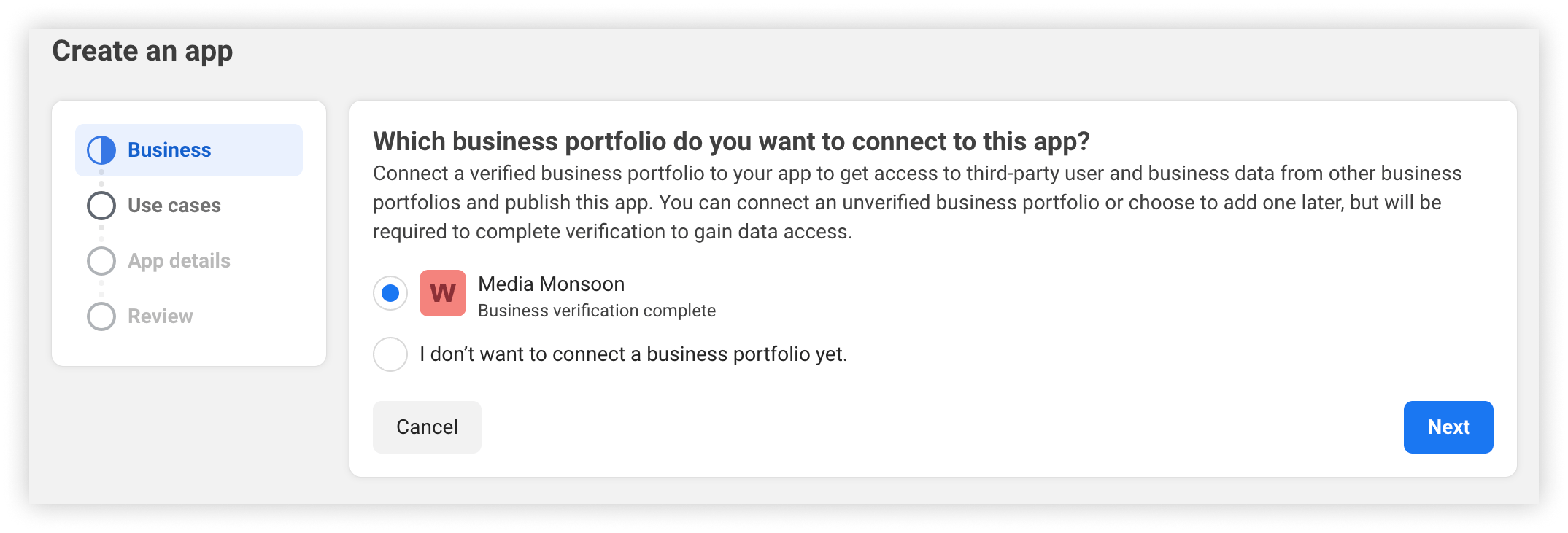 The Create an app dialog, asking which business portfolio to connect to the app