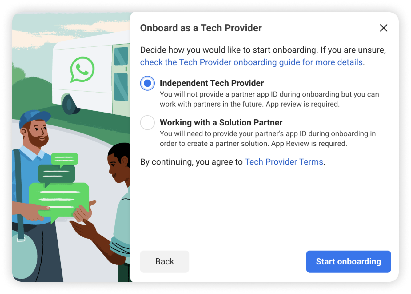 The Onboard as a Tech Provider dialog, with the Independent Tech Provider and Working with a Solution Partner options