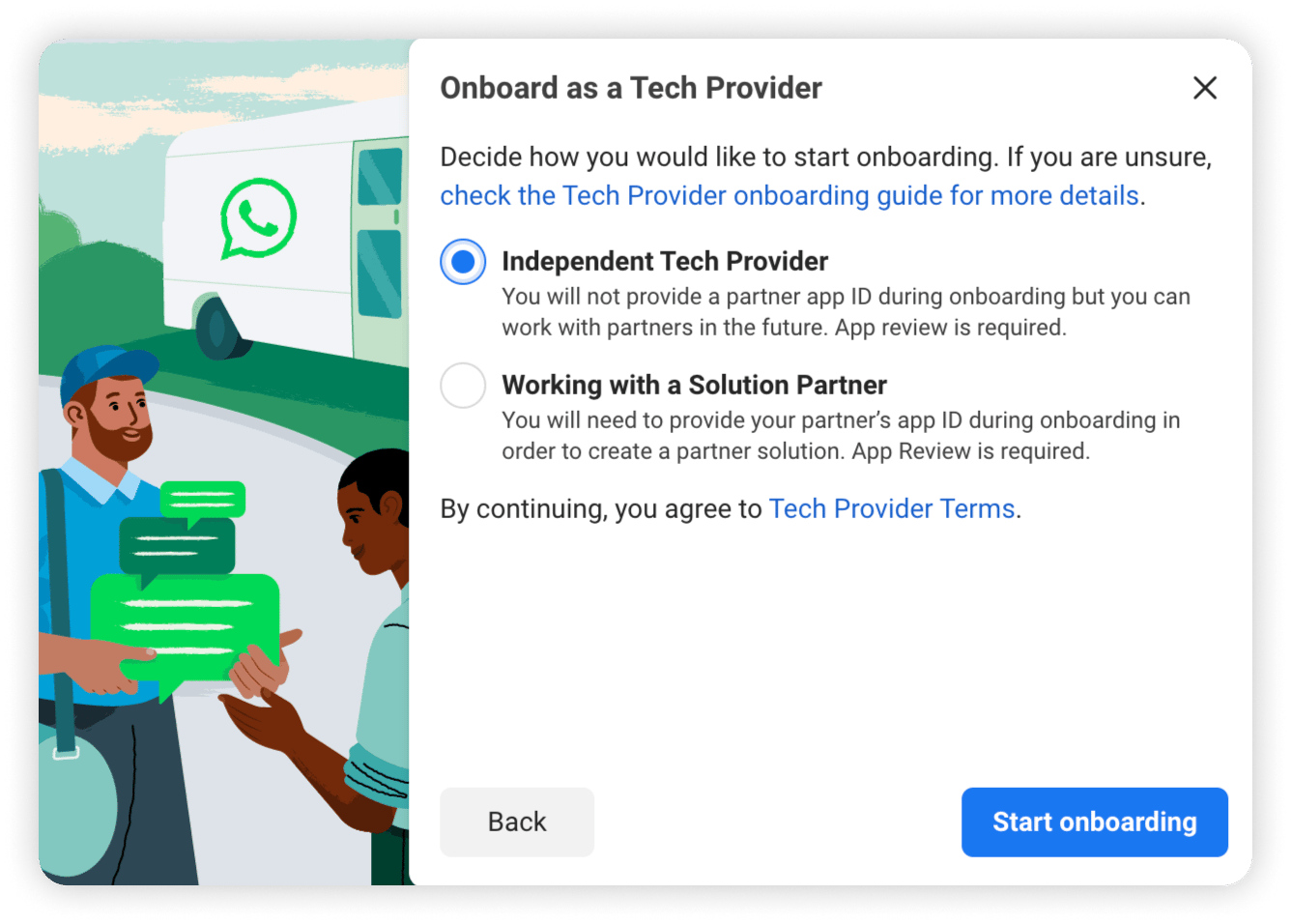 The Onboard as a Tech Provider dialog, with the Independent Tech Provider and Working with a Solution Partner options