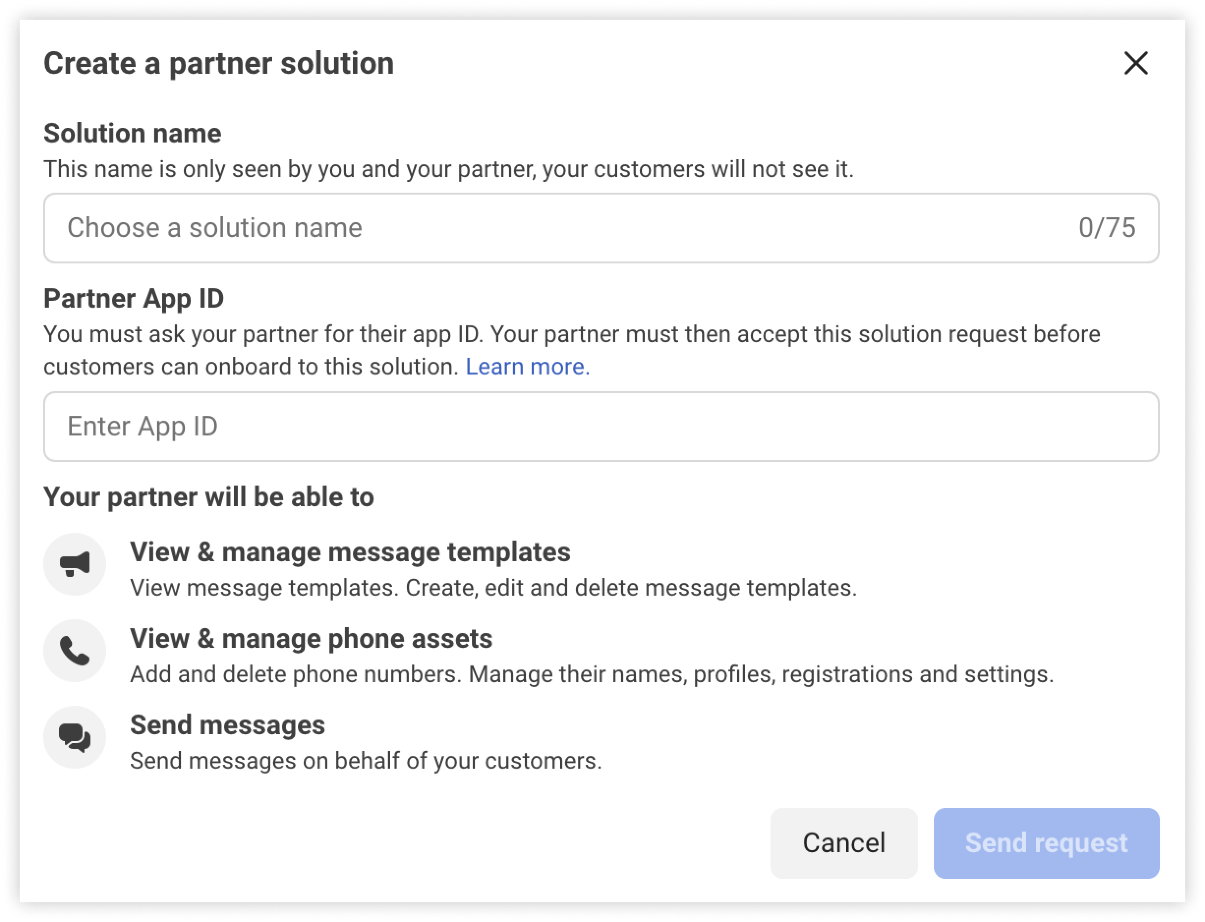 The Create a partner solution dialog, with the solution name and partner App ID fields