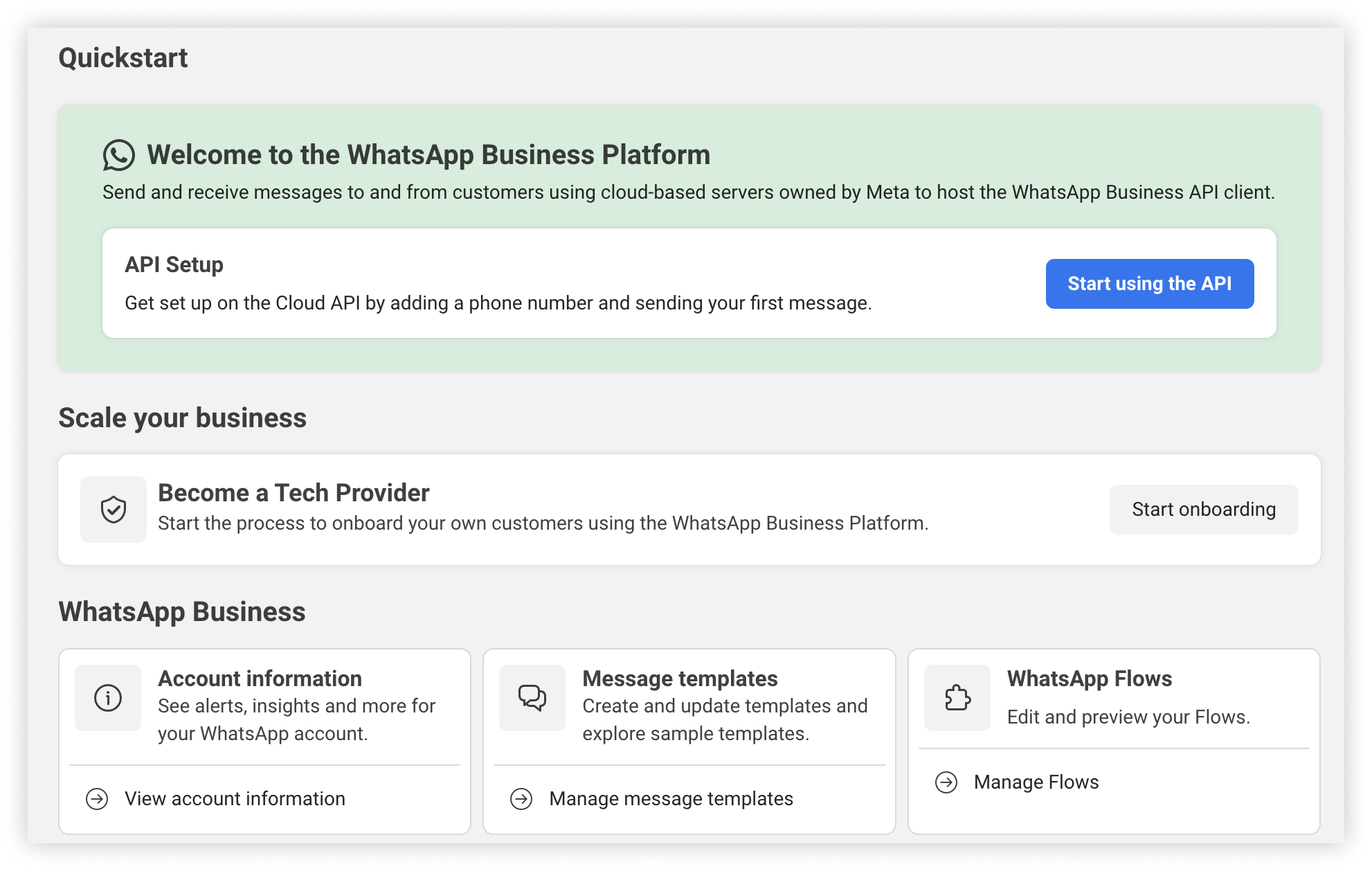 The WhatsApp Quickstart panel, with the Become a Tech Provider card under Scale your business