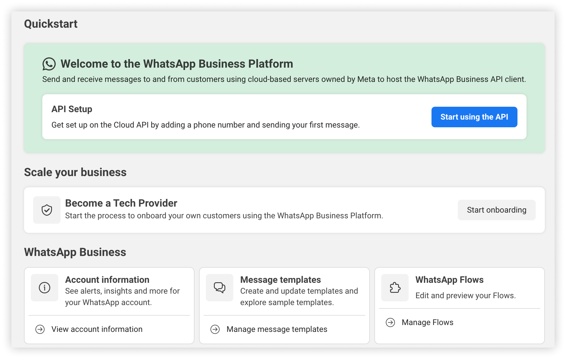 The WhatsApp Quickstart panel, with the Become a Tech Provider card under Scale your business