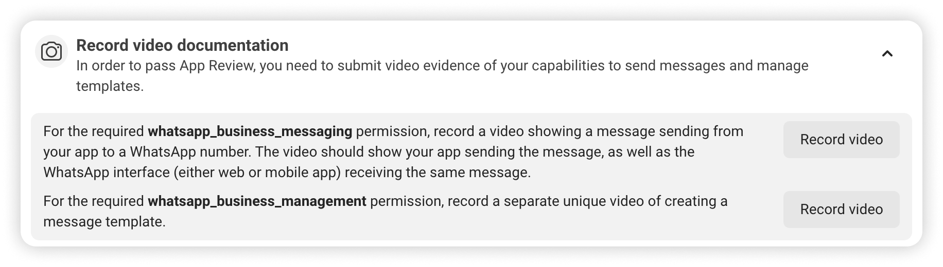 The Record video documentation card, listing the videos required for each permission