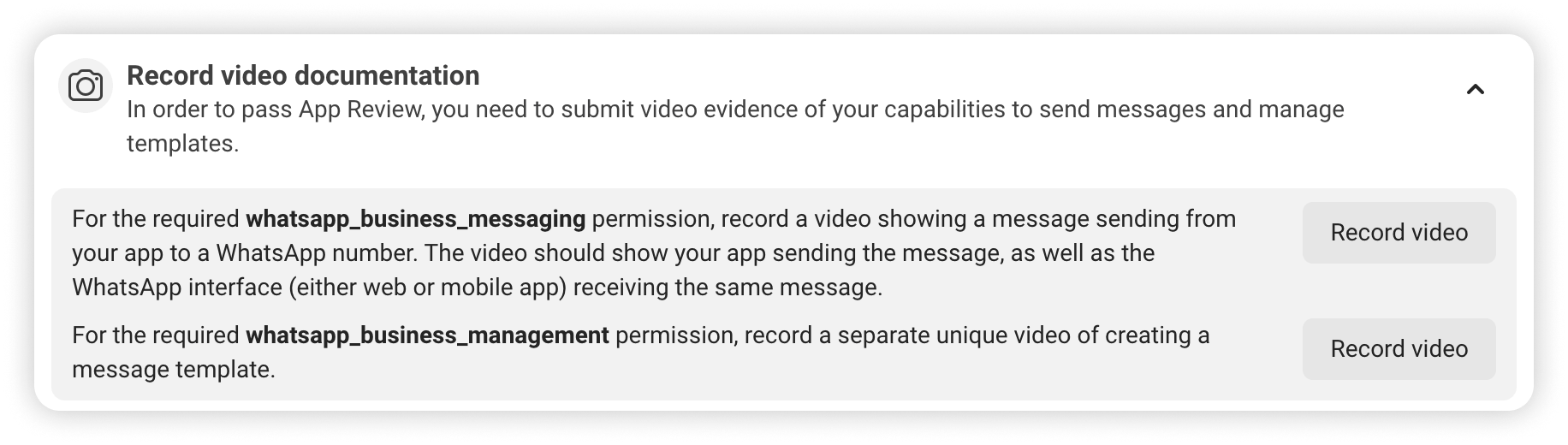The Record video documentation card, listing the videos required for each permission