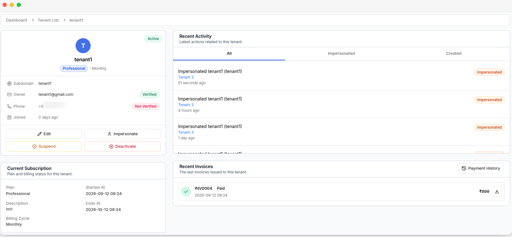 A tenant's detail page, with the profile, subscription, activity and invoices panels