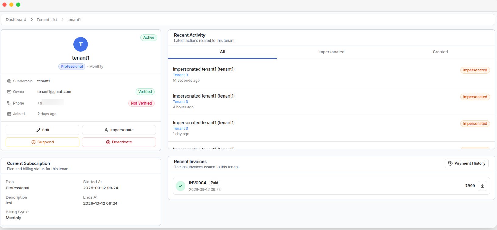 A tenant's detail page, with the profile, subscription, activity and invoices panels