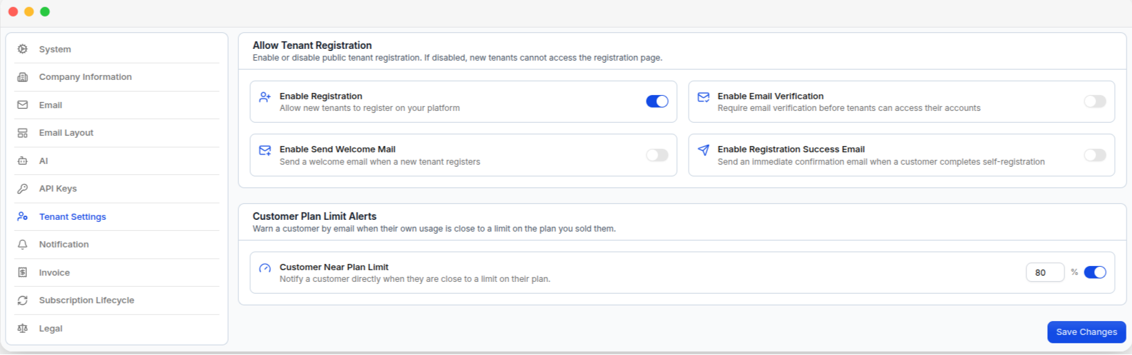 The Tenant Settings page, with the registration toggles and the tenant plan limit alert