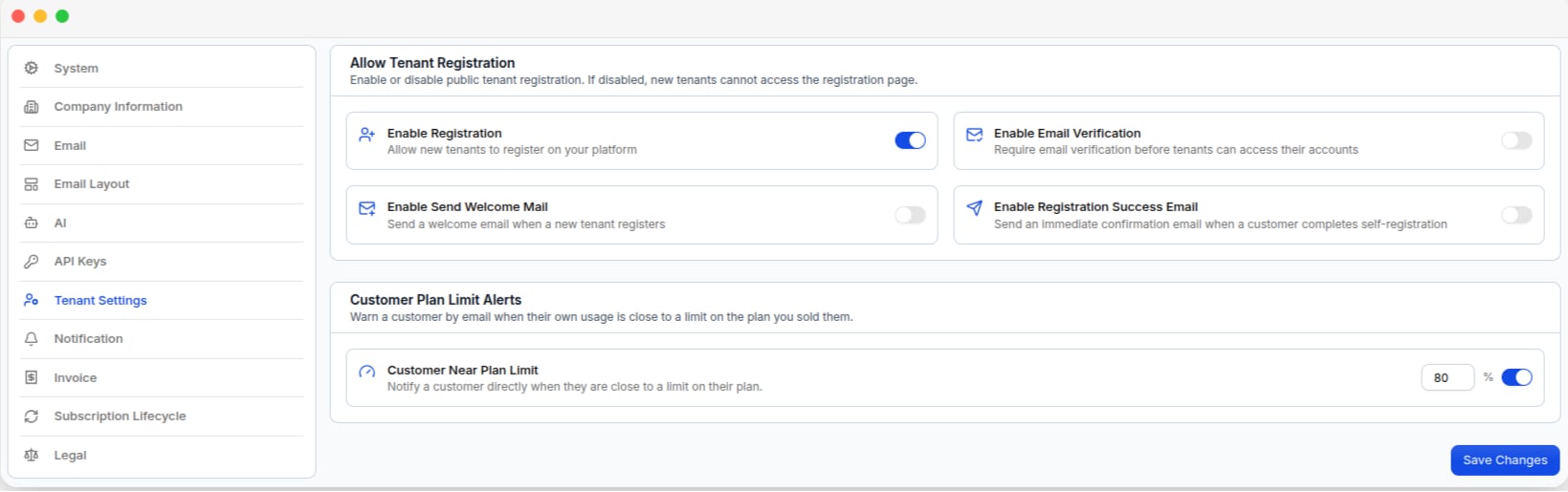 The Tenant Settings page, with the registration toggles and the tenant plan limit alert