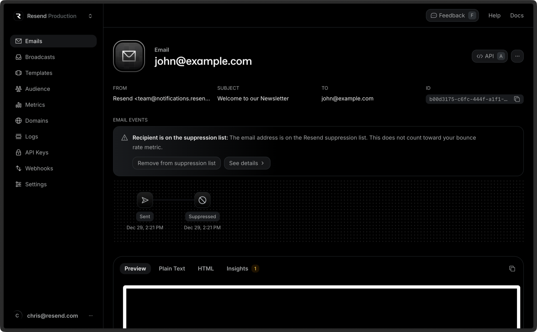 Email Suppression in Dashboard