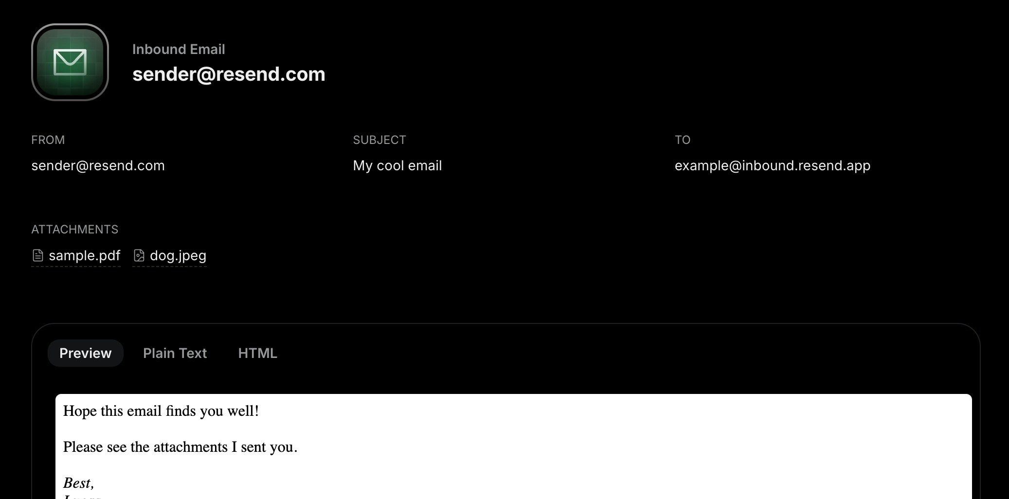 Details for a particular inbound email