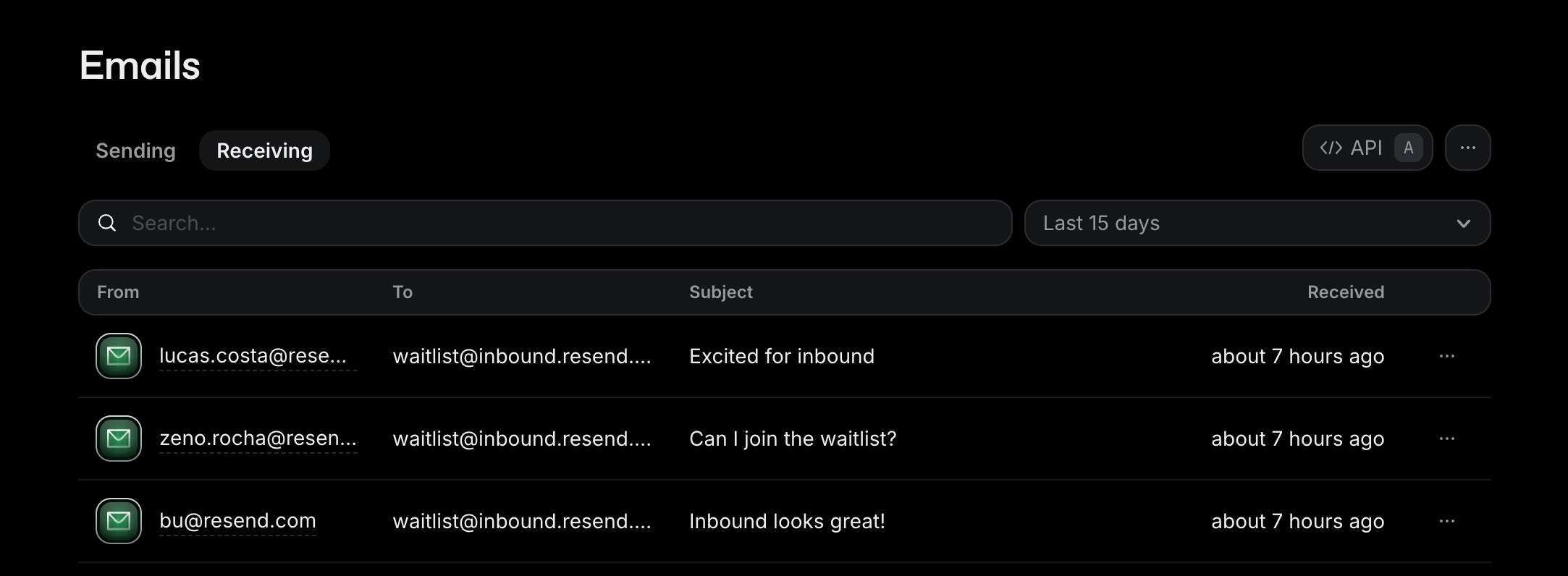 Inbound email list in the Dashboard