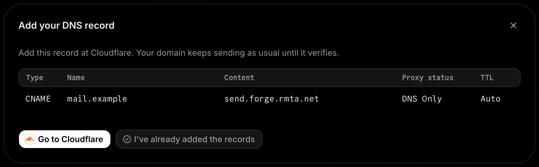 The Add your DNS record modal showing the CNAME record to add at your DNS provider