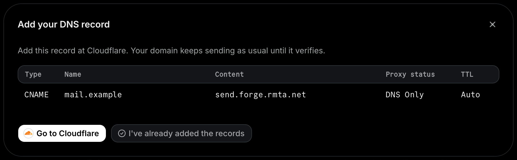 The Add your DNS record modal showing the CNAME record to add at your DNS provider