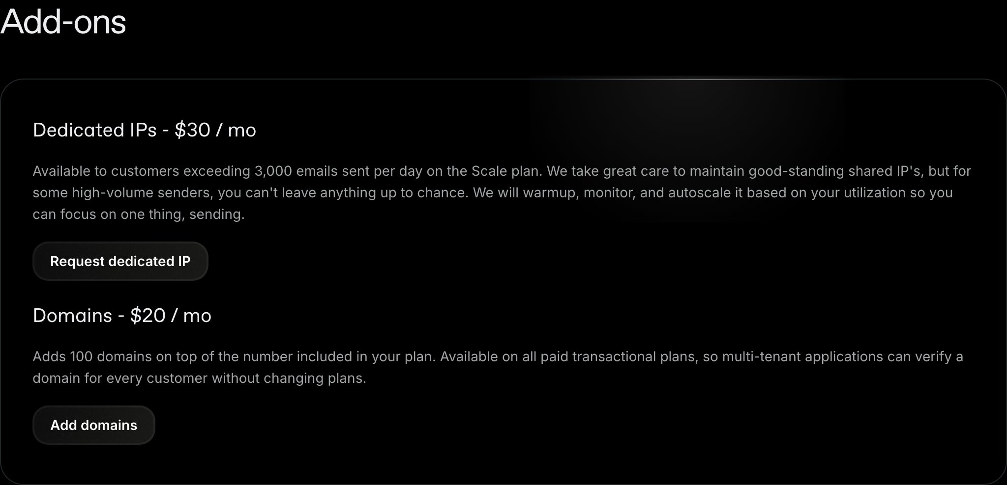 The Add-ons section of the Resend pricing page, showing the domains add-on at $20 per month