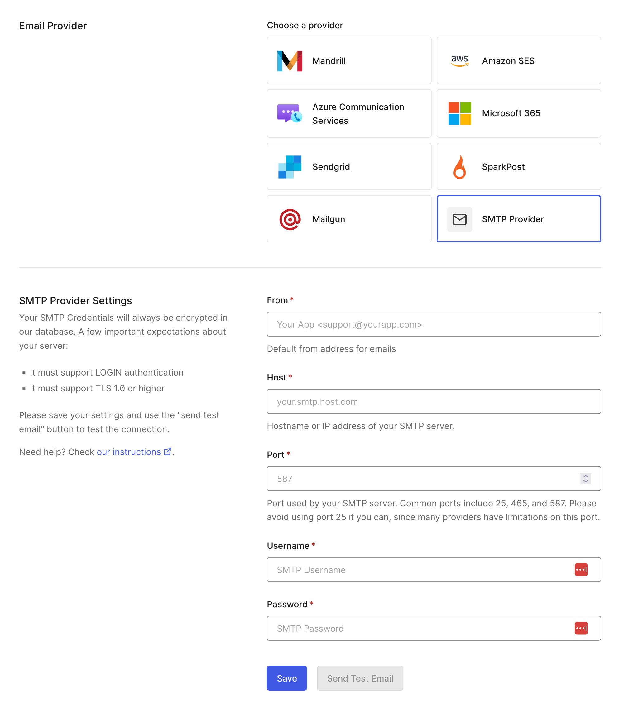 Auth0 SMTP - Email Provider Settings