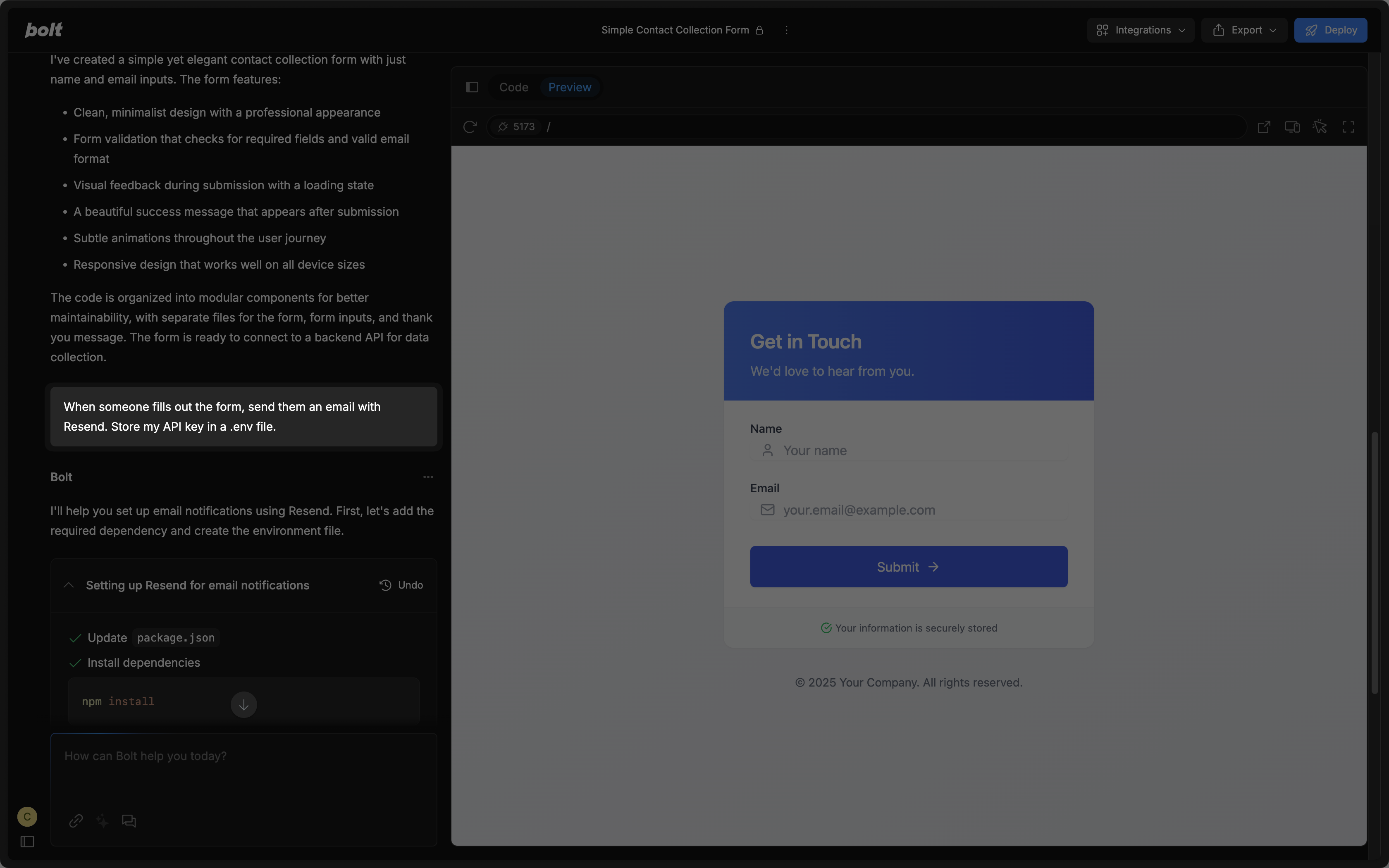 adding the Resend integration to a Bolt.new chat