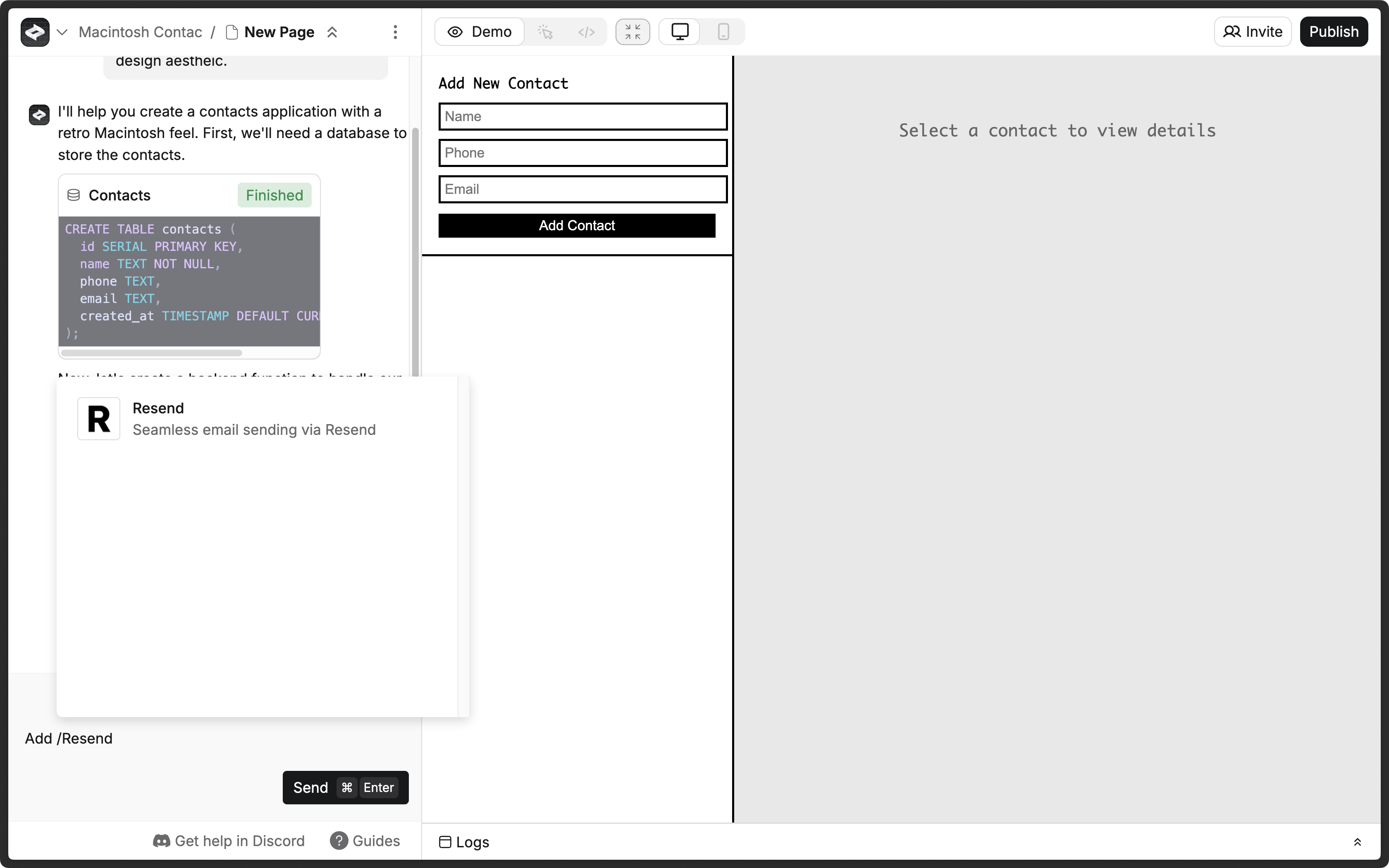 adding the Resend integration to a Anything chat