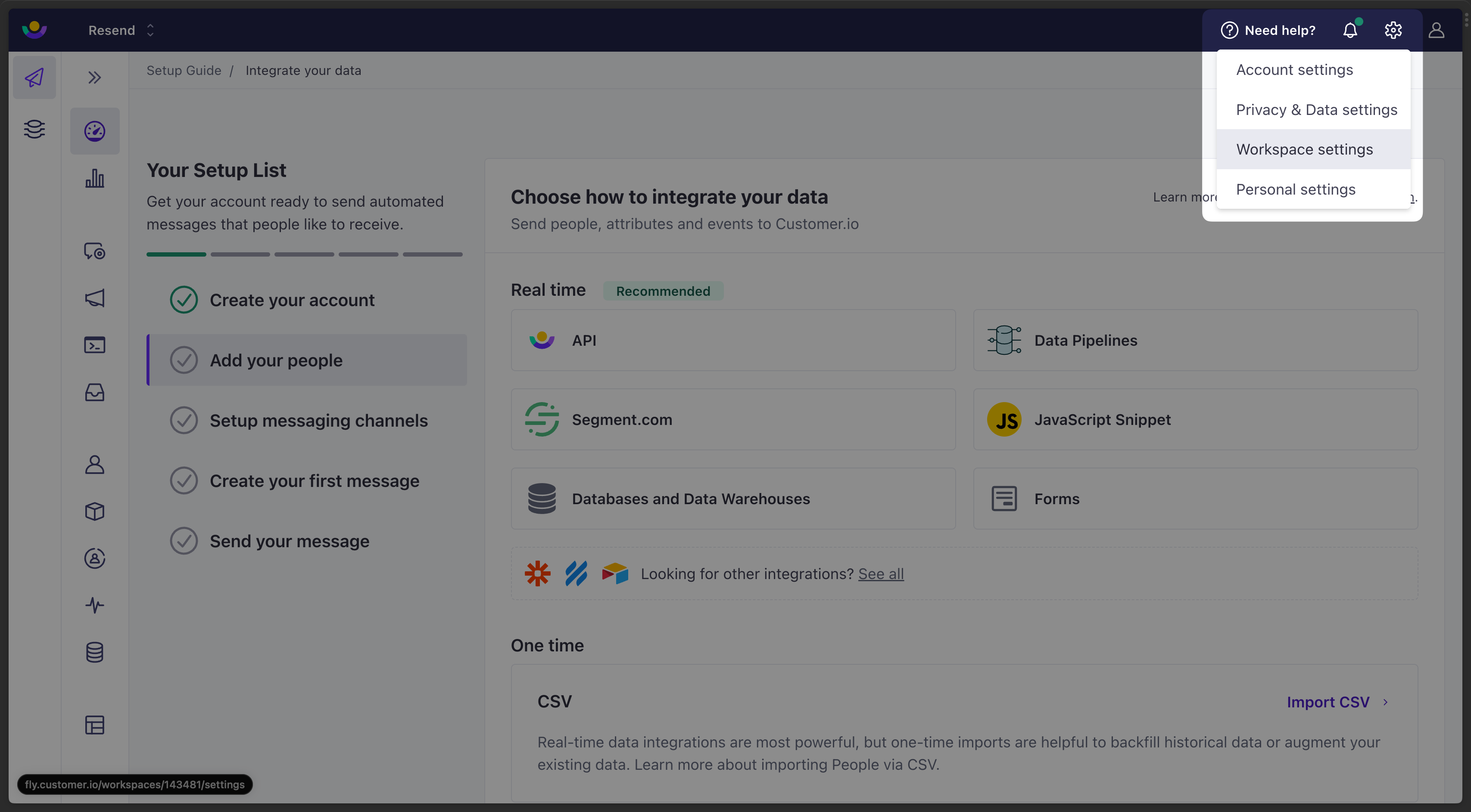 Customer.io SMTP - Workspace Settings