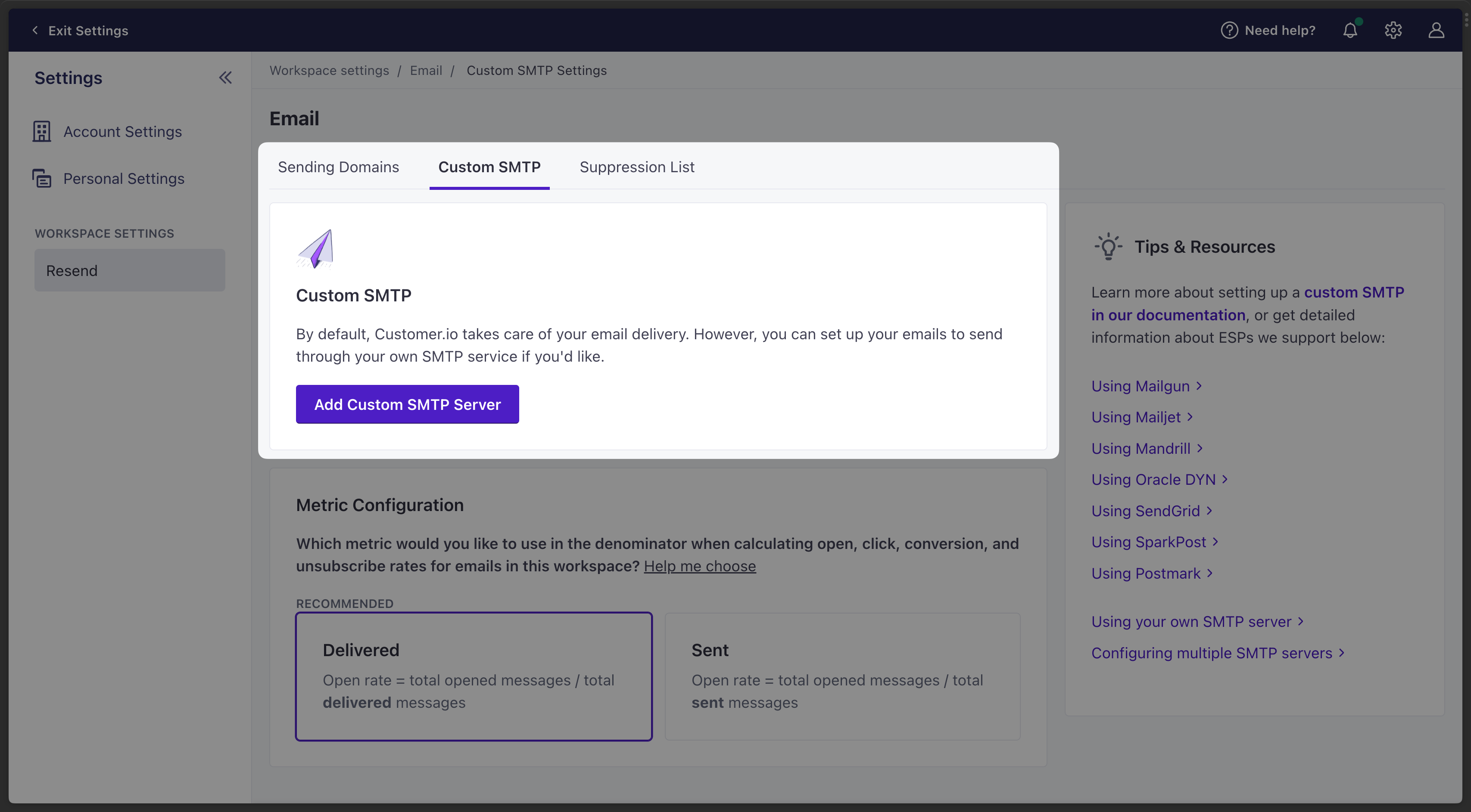 Customer.io SMTP - Add Custom SMTP Server