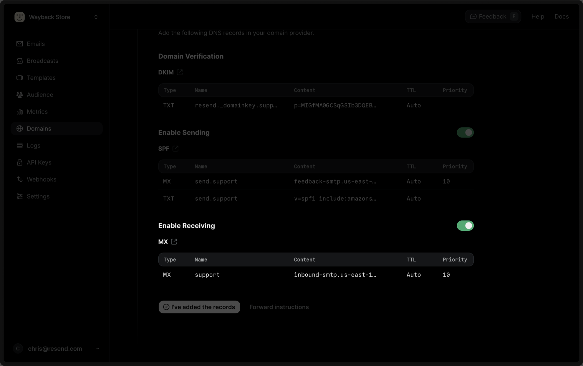 Enable Receiving Emails for a verified domain