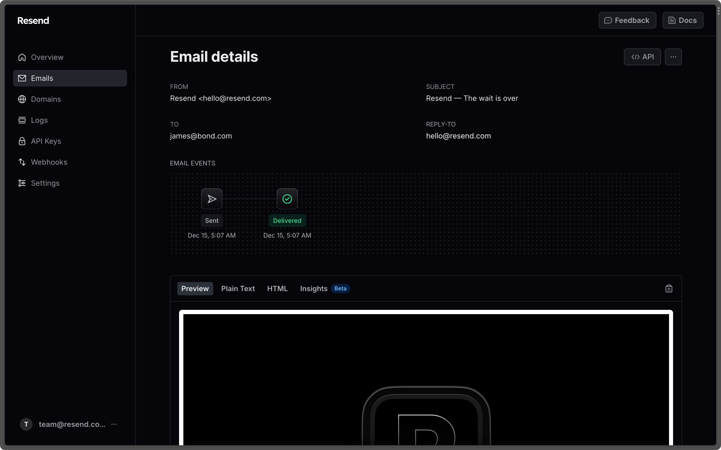 Resend Code Interface Example Using Email Managing Emails - Resend