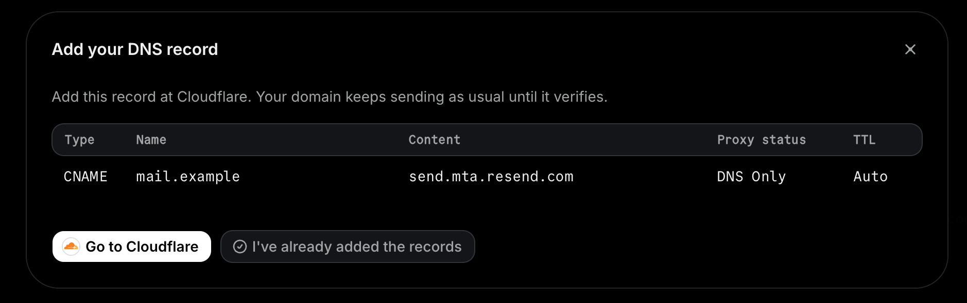 The Add your DNS record modal showing the CNAME record to add at your DNS provider