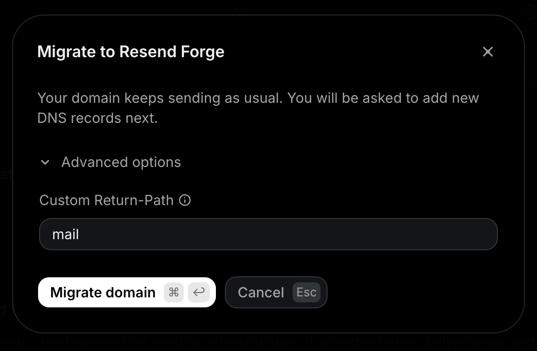 The Migrate to Resend Forge modal with the Custom Return-Path field under Advanced options