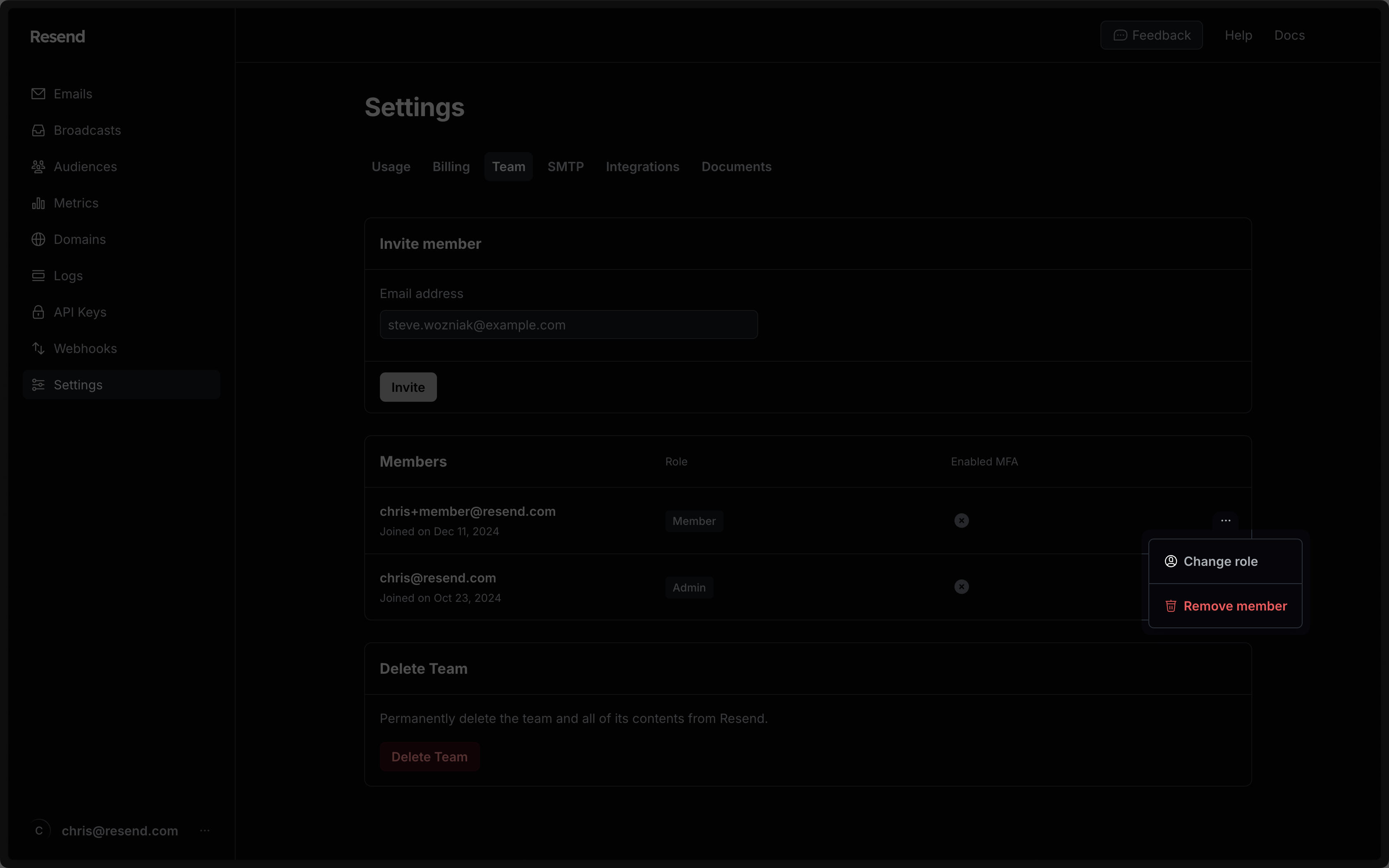 Change role popover visible for team member